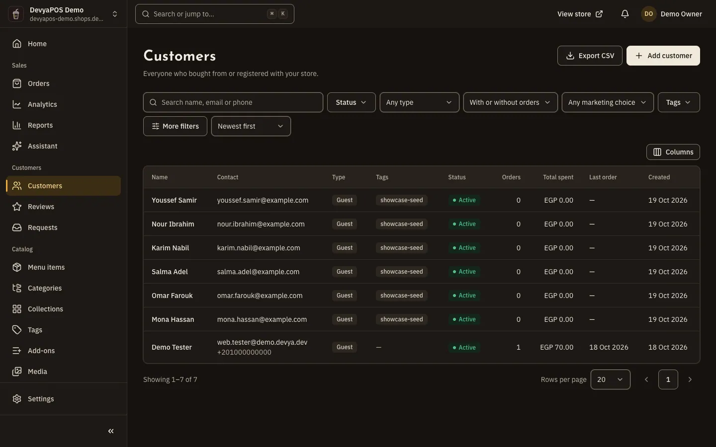 The Customers page in the Moving Stores dashboard: a search box and filters above a table of customers with name, contact, type, tags, status, orders and total spent.