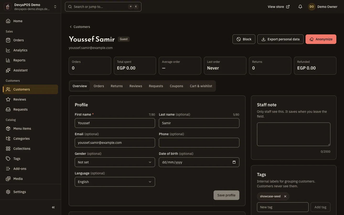 A customer profile in the Moving Stores dashboard: name and badges at the top, a row of figures, the tabs, then the profile, tags, staff note and addresses.