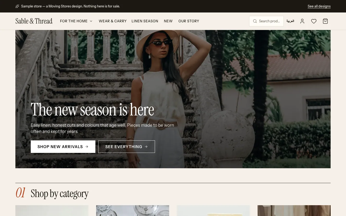 The Fashion template on the Atelier design’s sample store: a large seasonal picture with buttons, then a category grid and a row of new arrivals.