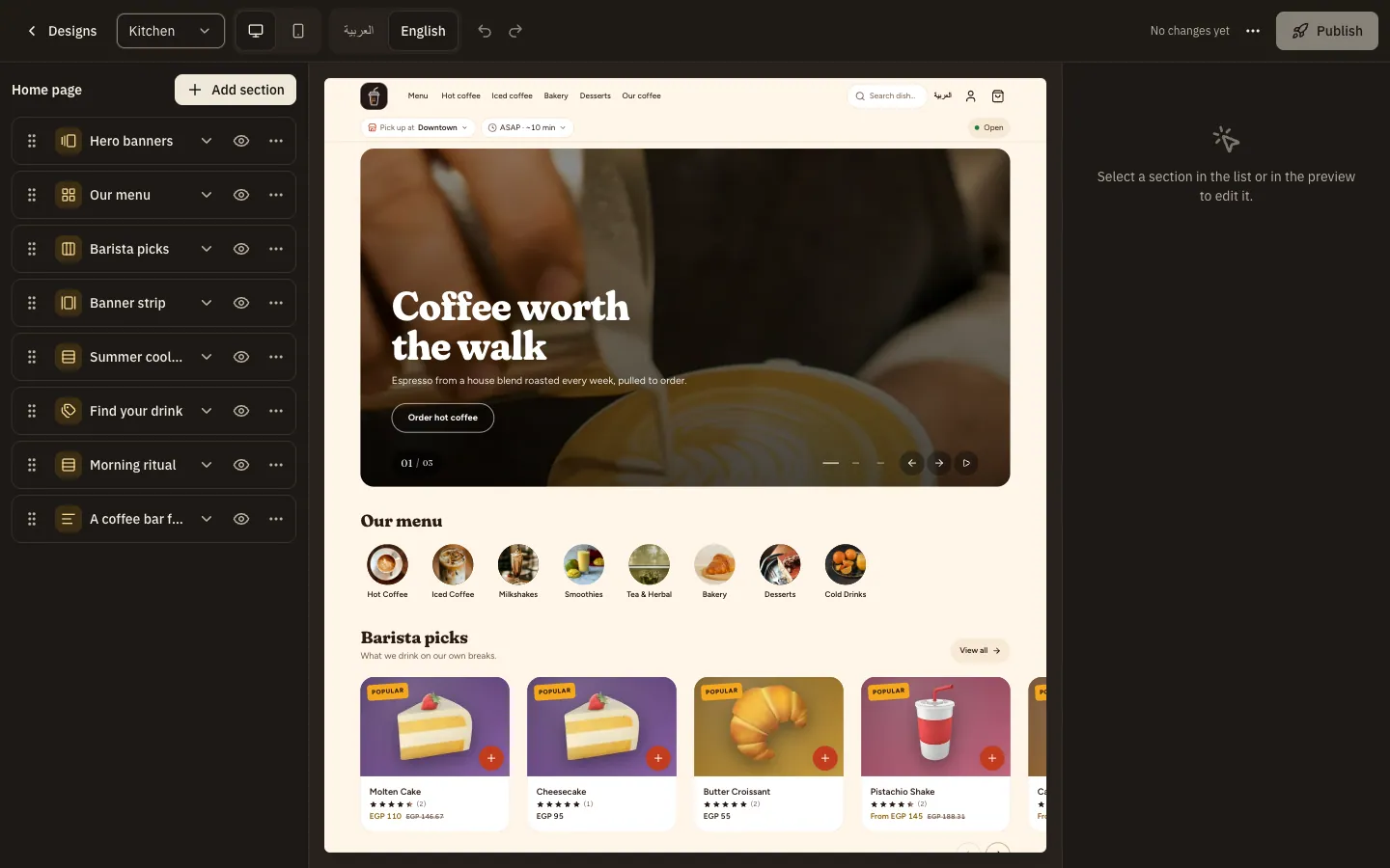 The full-screen visual editor: a toolbar along the top with the design, screen size, preview language and Publish button, the list of home page sections on one side, the page preview in the middle and the settings panel on the other side.