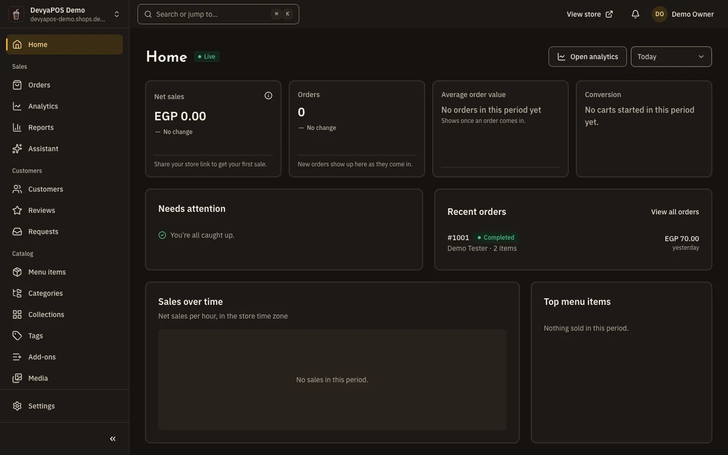 The Home page of the Moving Stores dashboard: the store status, period and location pickers, four sales figures, and the Needs attention, Recent orders and Sales over time cards.