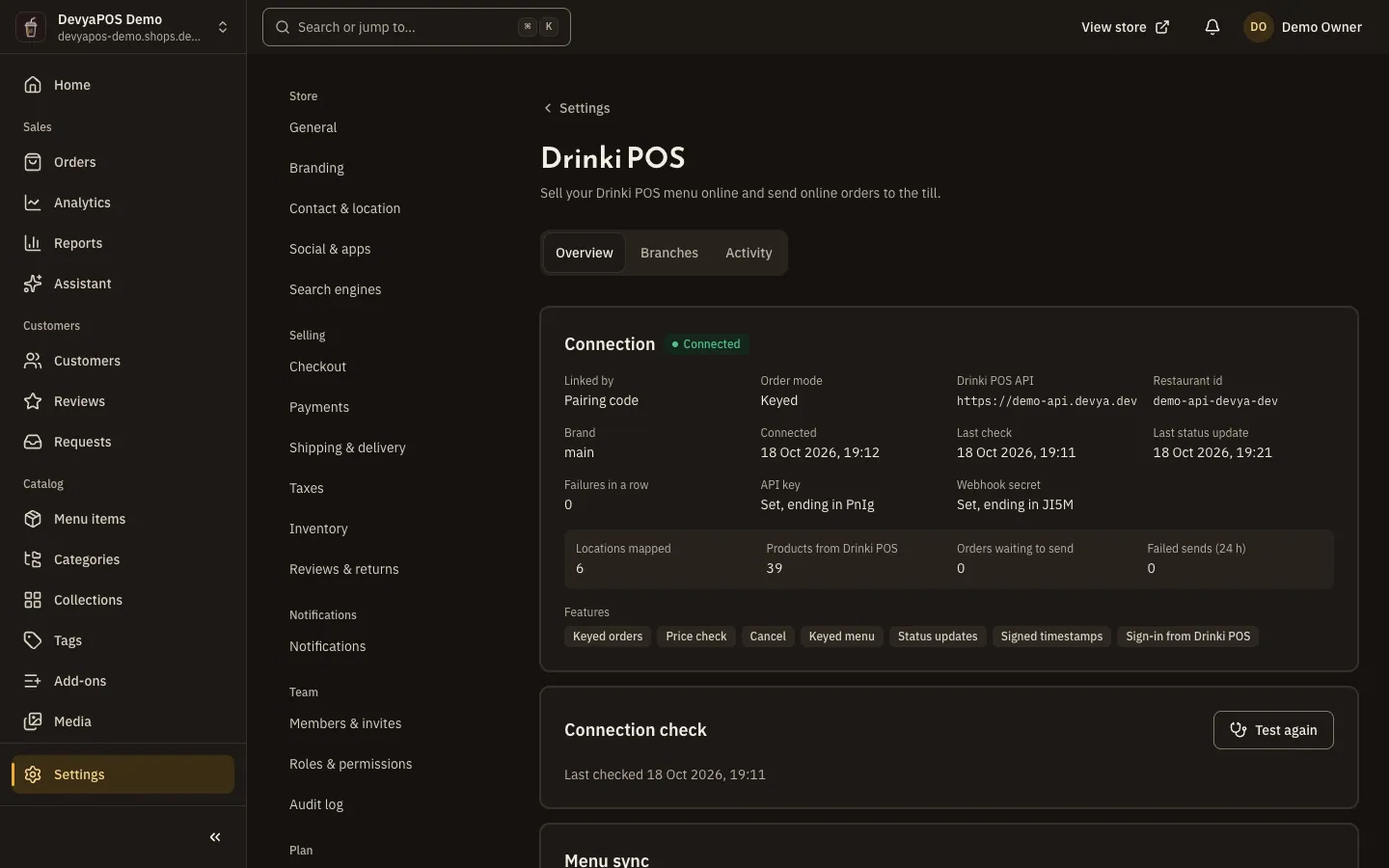 The Drinki POS page in the store's settings after activation: Overview, Branches and Activity tabs, the connection status, the order mode, and counts of mapped locations and orders waiting to send.