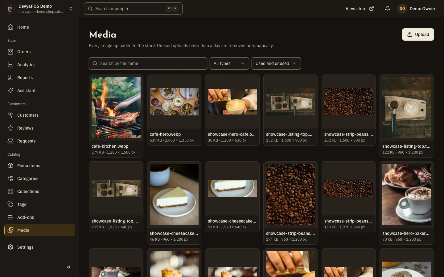 The Media screen: the grid of uploaded images with search, the Type and Use filters, and the upload button.