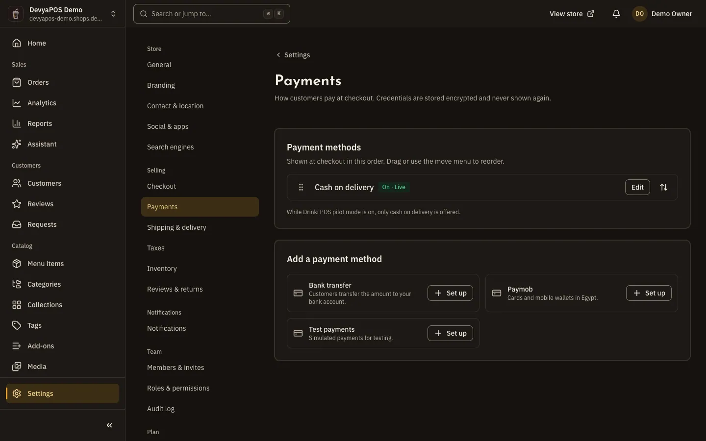 The Payments page in Settings: the list of payment methods already set up, each with its status, and below it the Add a payment method card with a Set up button next to each method.
