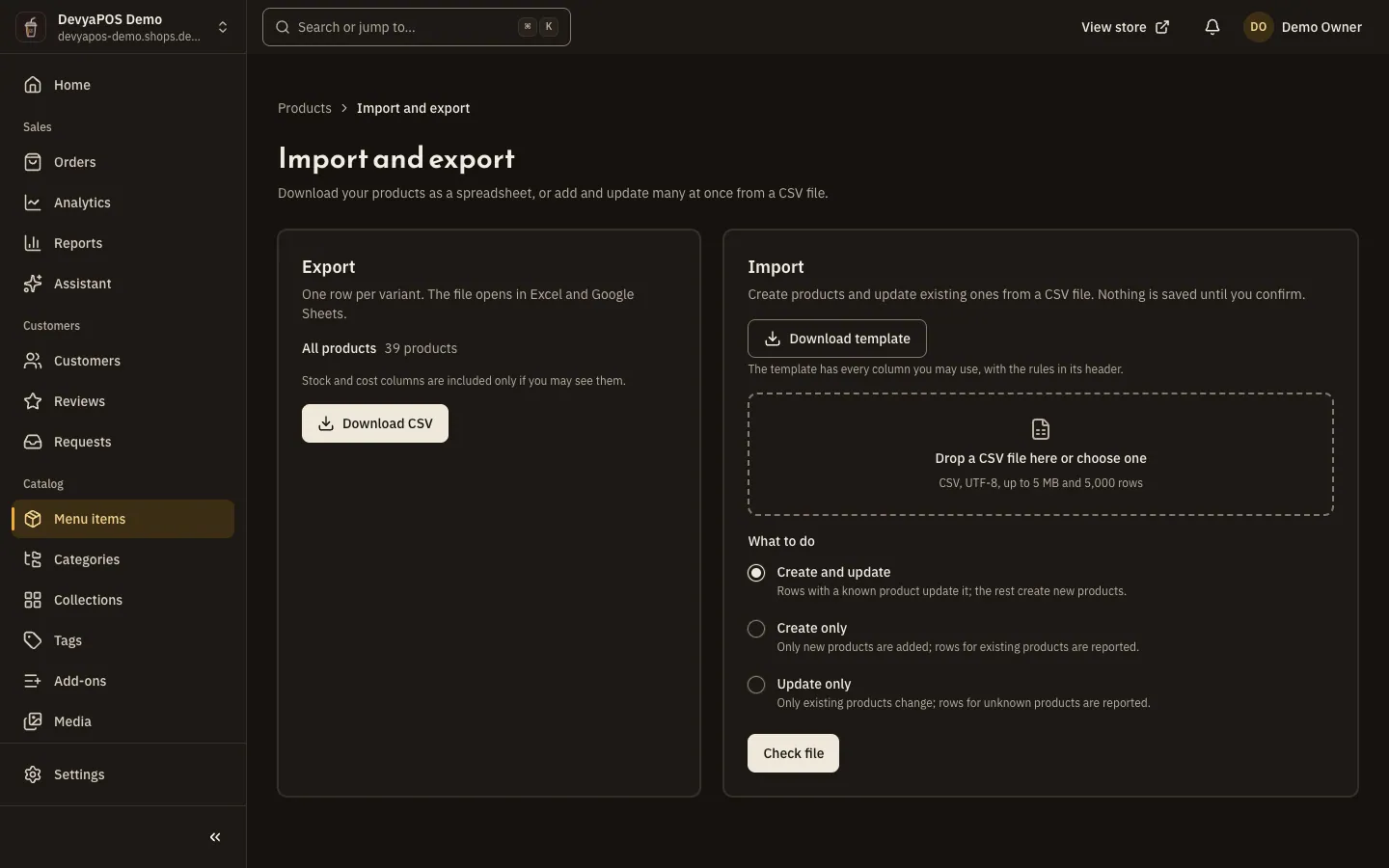 The Import and export page: the Export card with the choice of products, and the Import card with the template download and the file drop area.
