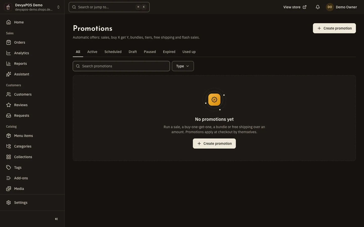 The Promotions page in the Moving Stores dashboard: status tabs, and a table with promotion, type, offer, uses, status, active dates and priority.