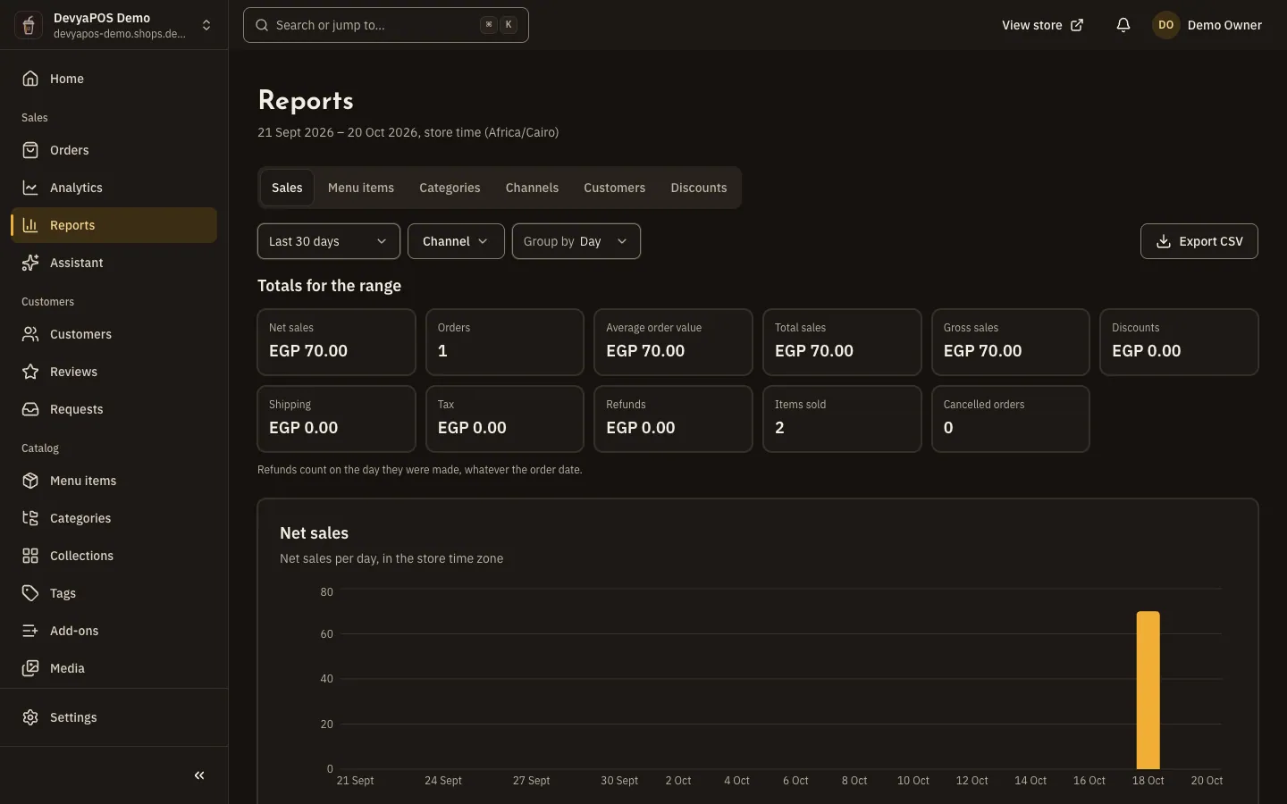 The Reports page in the Moving Stores dashboard: report tabs, the date range, location and channel filters and the export button, then a net sales chart and a table of figures by period.