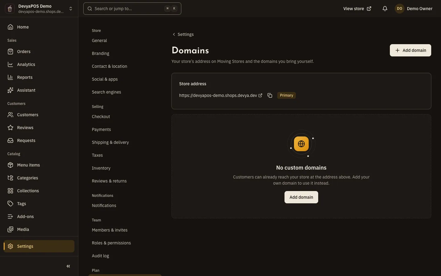 The Domains page: the store's platform address with a Primary badge and a copy button, the Add domain button, and a card for each domain with its status.