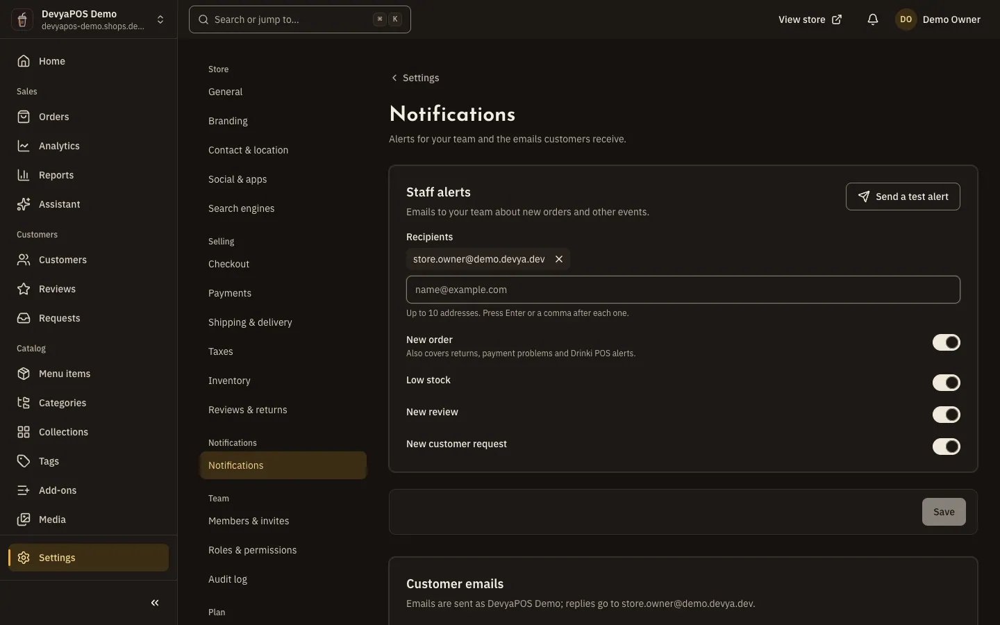 The Notifications page: the Staff alerts card with the recipients field and alert switches, and the Customer emails card listing each email with a Customized or Default badge.