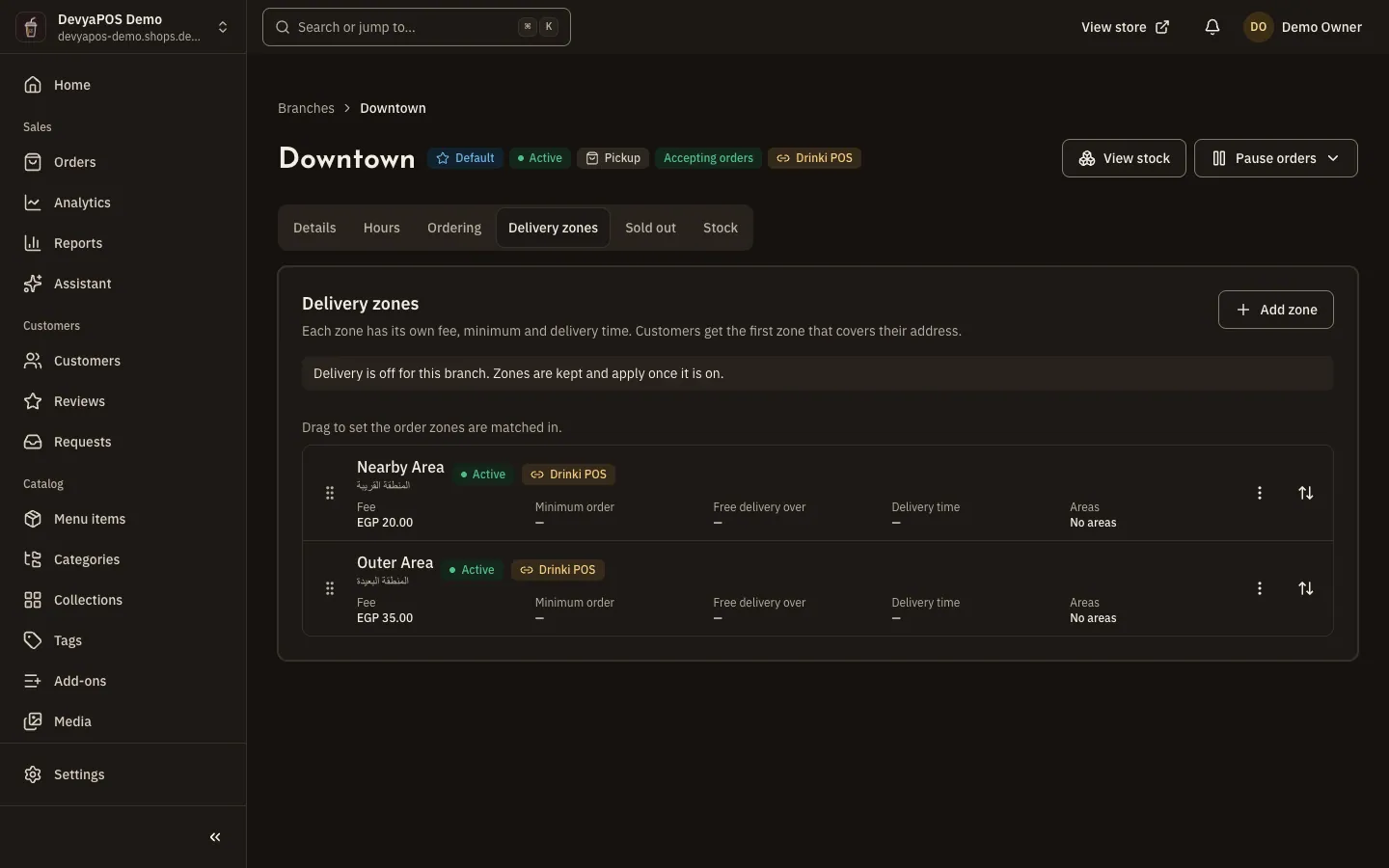 The Delivery zones tab of a branch page: the zones in order, each with its fee, minimum order, free-delivery threshold, delivery time and number of areas covered.