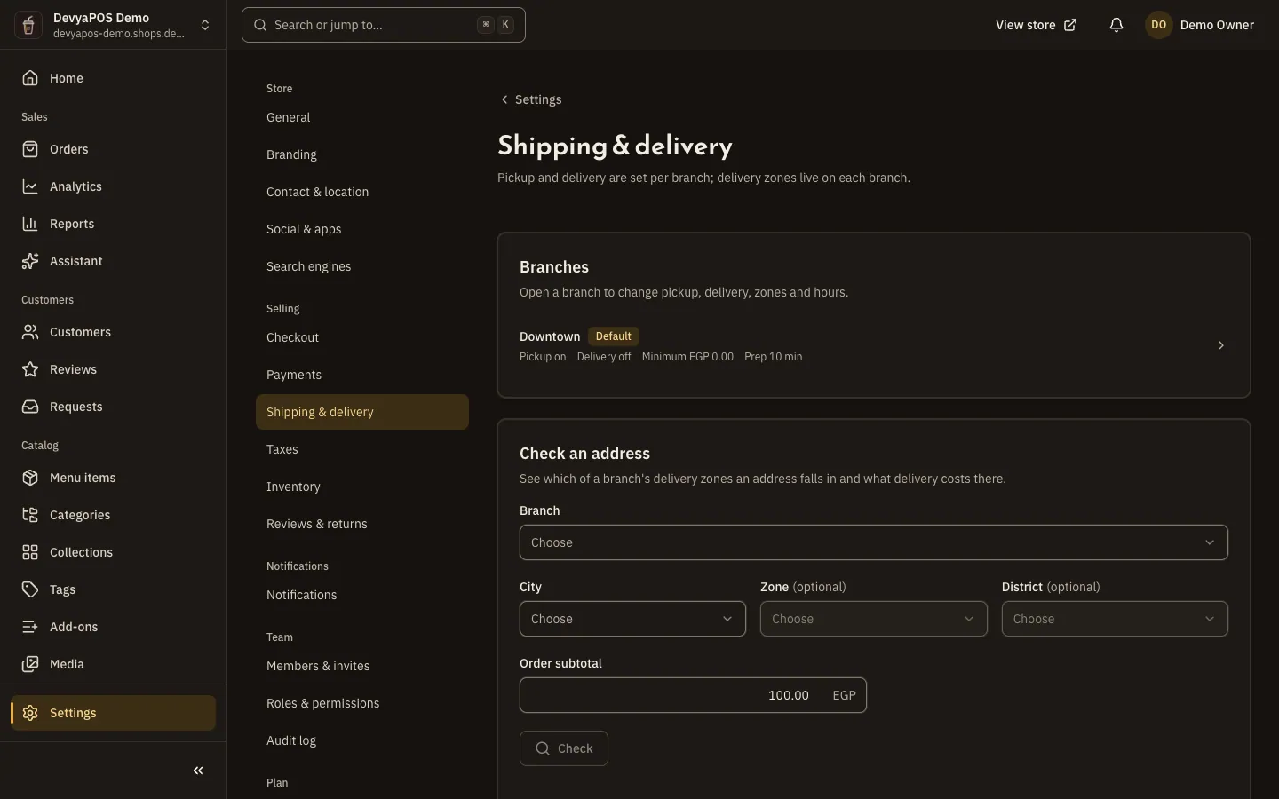 Shipping & delivery settings in a restaurant store: the branches card with each branch’s pickup and delivery state and number of zones, and an address checker with a branch picker.