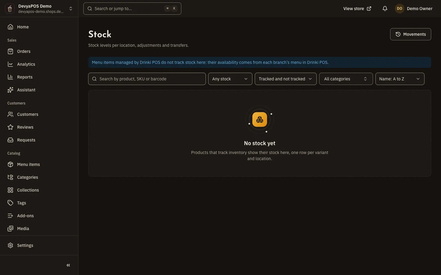 The Stock screen: the location picker, search, filters, and the stock table with On hand, Reserved, Available and State columns.