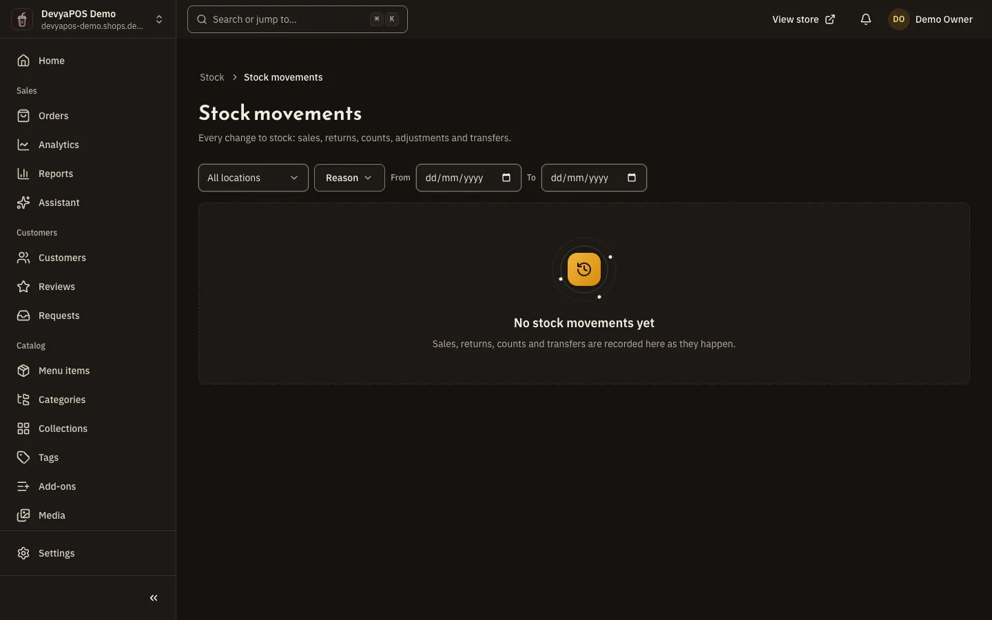 The Stock movements page: location, reason and date filters, and the table of movements with date, product, reason and reference.