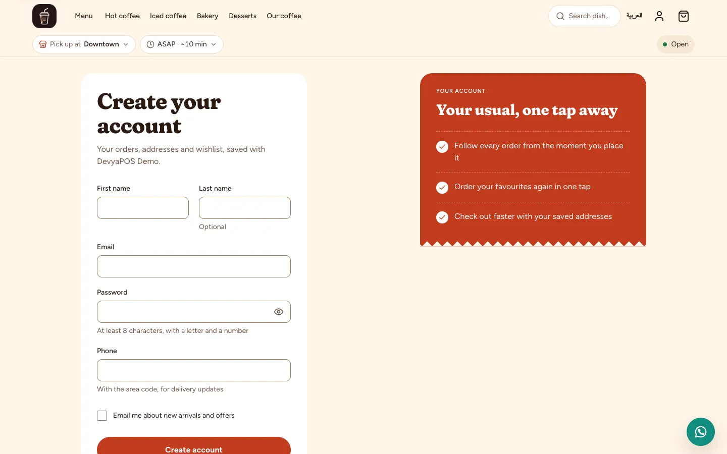 The Create your account page on the demo store: name, email, password and phone fields, the offers opt-in, and the Create account button.
