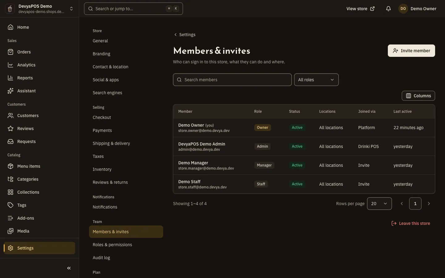 The Members & invites page: the seat counter, the Invite member button and the members table with Member, Role, Status, Locations, Joined via and Last active columns.