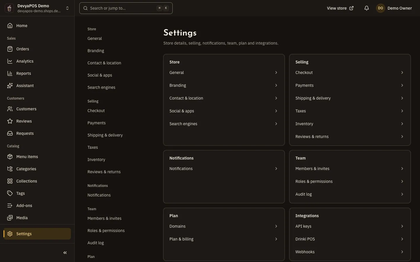 The Settings page: the Store, Selling, Notifications, Team, Plan and Integrations groups, each with its sections listed below.